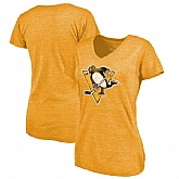 Women's Pittsburgh Penguins Distressed Team Primary Logo V Neck Tri Blend T-Shirt Gold FengYun